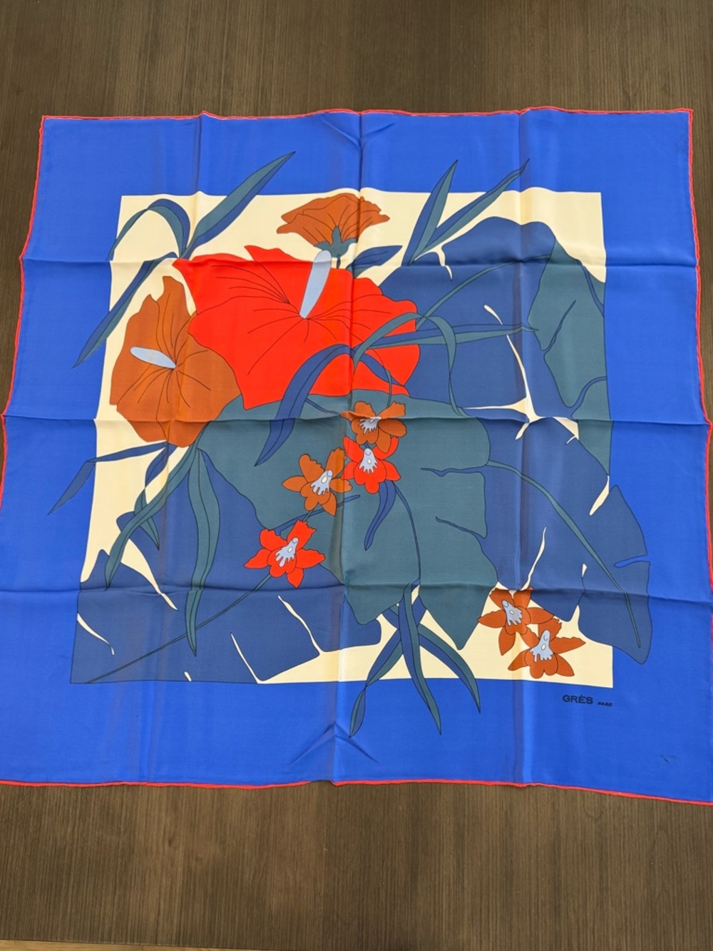 Vintage Bold Floral Silk Scarf in Blue and Red